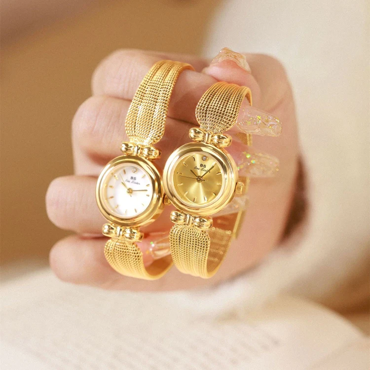 BS Bee Sister 22mm Retro Female Wrist Watch with Stainless Steel Mesh Butterfly Design Strap(Golden White) - Image 3