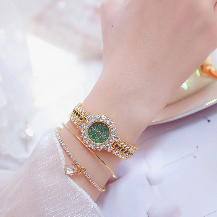 BS Bee Sister FA1580 Sparkling Full Diamond Watch Temperament Women Chain Watch(Golden Green) - Image 2