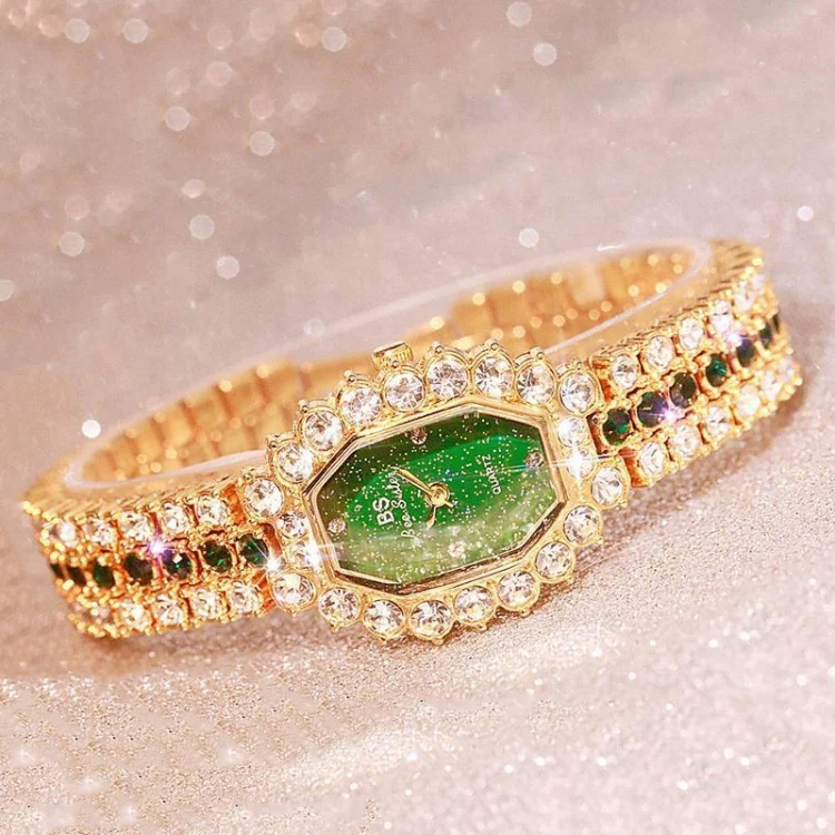 BS bee sister FA1581 Women Octagonal Dial Diamond Plated Rhinestone Bracelet Quartz Watch(Gold Shell Green Diamond) - Image 2