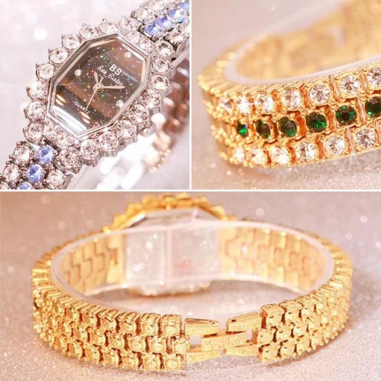 BS bee sister FA1581 Women Octagonal Dial Diamond Plated Rhinestone Bracelet Quartz Watch(Gold Shell Green Diamond) - Image 3