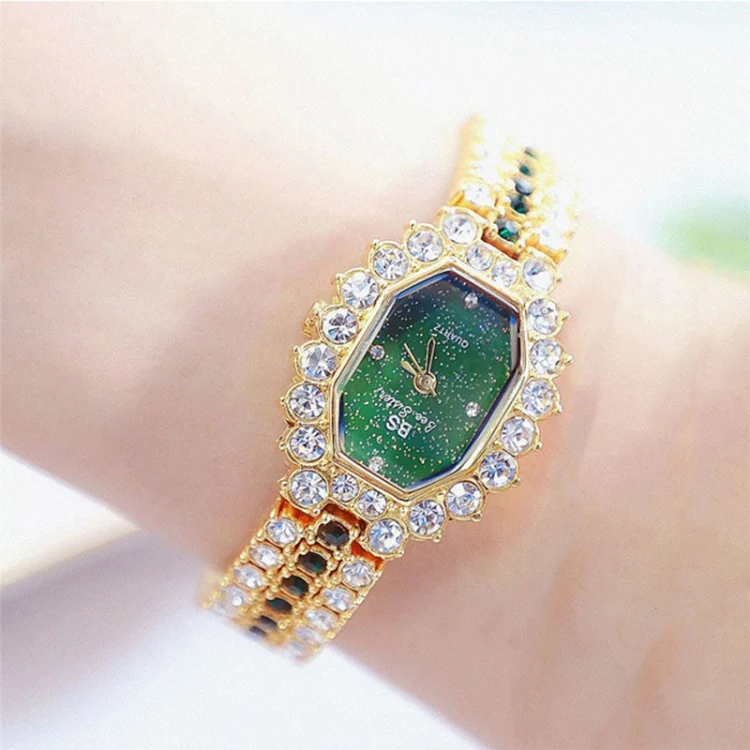BS bee sister FA1581 Women Octagonal Dial Diamond Plated Rhinestone Bracelet Quartz Watch(Gold Shell Green Diamond) - Image 4