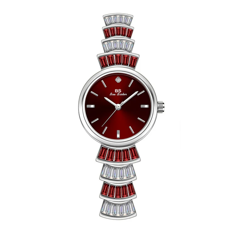 BS Bee Sister FA1700 Diamond Inlaid Ladies Watch Symphony Wrist Watch(Silver -red)