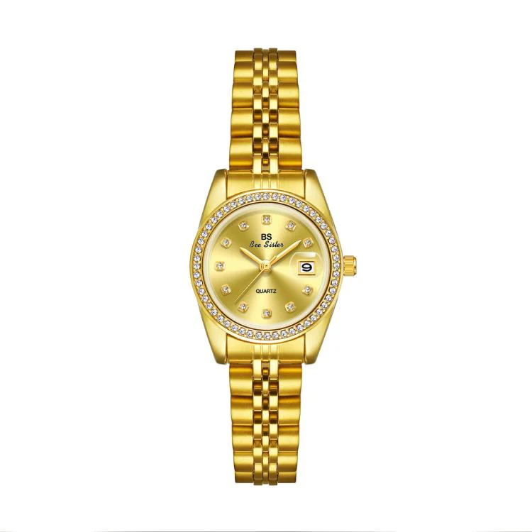 BS Bee Sister FA1787 Women Steel Band Dress Watch Rhinestone Bezel Analog Wristwatch with Date Calendar(Champagne)