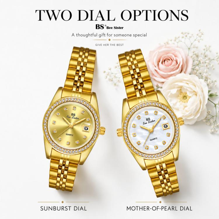 BS Bee Sister FA1787 Women Steel Band Dress Watch Rhinestone Bezel Analog Wristwatch with Date Calendar(Champagne) - Image 2