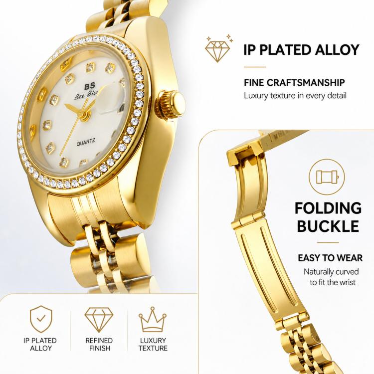 BS Bee Sister FA1787 Women Steel Band Dress Watch Rhinestone Bezel Analog Wristwatch with Date Calendar(Champagne) - Image 4