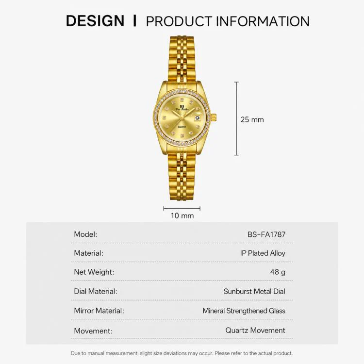 BS Bee Sister FA1787 Women Steel Band Dress Watch Rhinestone Bezel Analog Wristwatch with Date Calendar(Champagne) - Image 8