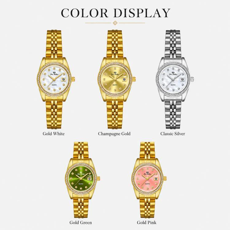 BS Bee Sister FA1787 Women Steel Band Dress Watch Rhinestone Bezel Analog Wristwatch with Date Calendar(Gold Pink) - Image 3