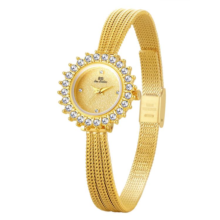 BS Bee Sister FA1833 Women Jewelry Bracelet Watch Vintage Floral Rhinestone Bezel Analog Wristwatch with Woven Mesh Band(Champagne)