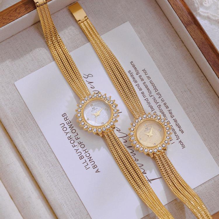 BS Bee Sister FA1833 Women Jewelry Bracelet Watch Vintage Floral Rhinestone Bezel Analog Wristwatch with Woven Mesh Band(Champagne) - Image 4
