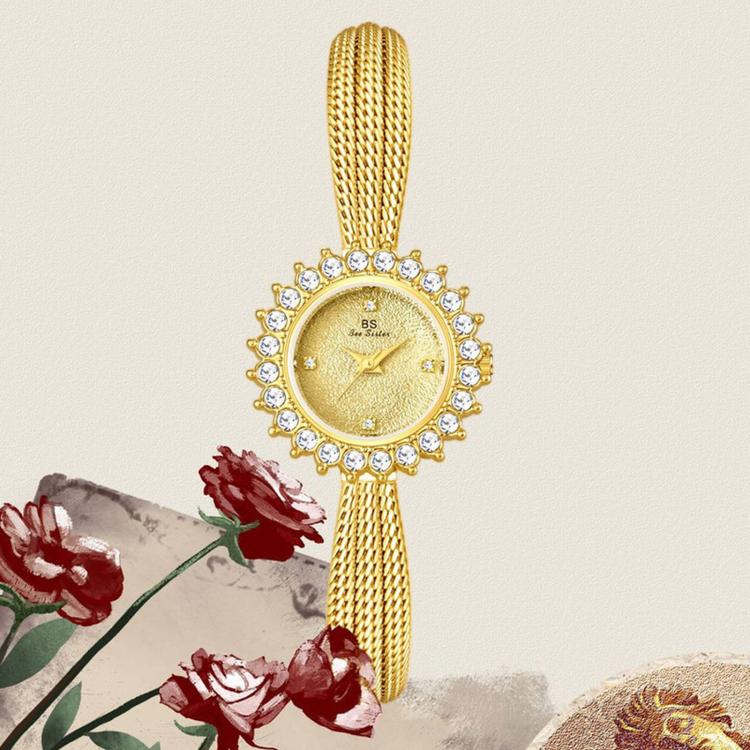 BS Bee Sister FA1833 Women Jewelry Bracelet Watch Vintage Floral Rhinestone Bezel Analog Wristwatch with Woven Mesh Band(Gold White) - Image 2