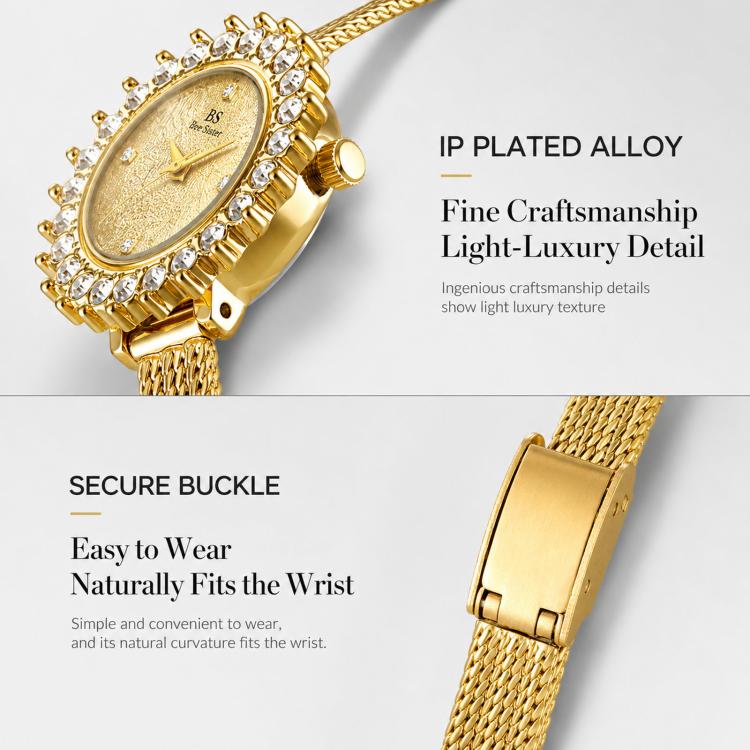 BS Bee Sister FA1833 Women Jewelry Bracelet Watch Vintage Floral Rhinestone Bezel Analog Wristwatch with Woven Mesh Band(Gold White) - Image 3