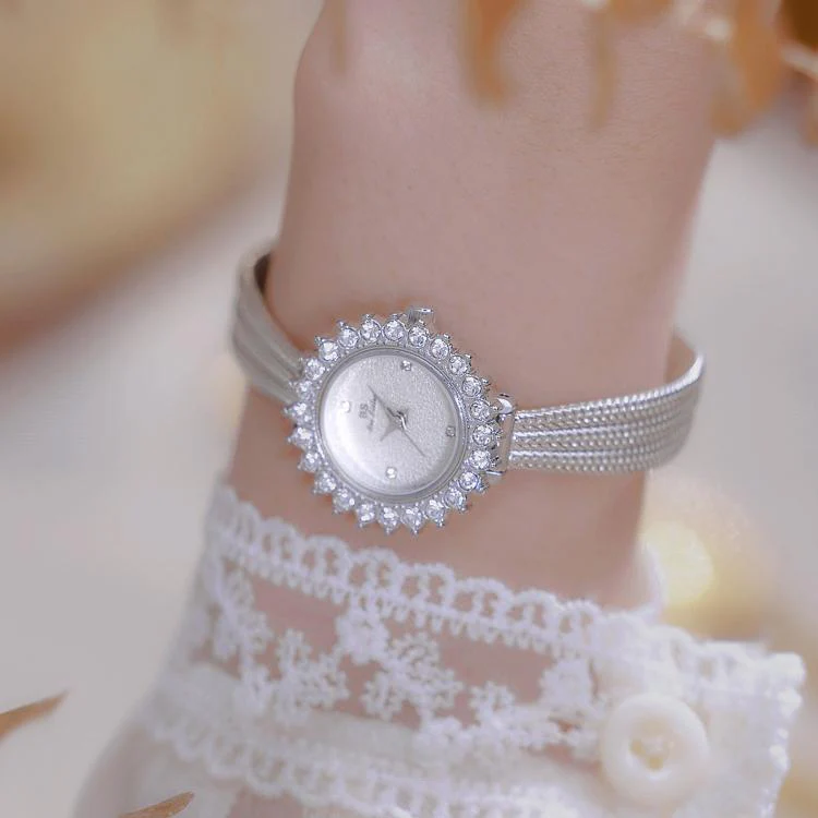 BS Bee Sister FA1833 Women Jewelry Bracelet Watch Vintage Floral Rhinestone Bezel Analog Wristwatch with Woven Mesh Band(Gold White) - Image 5
