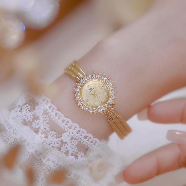 BS Bee Sister FA1833 Women Jewelry Bracelet Watch Vintage Floral Rhinestone Bezel Analog Wristwatch with Woven Mesh Band(Gold White) - Image 6