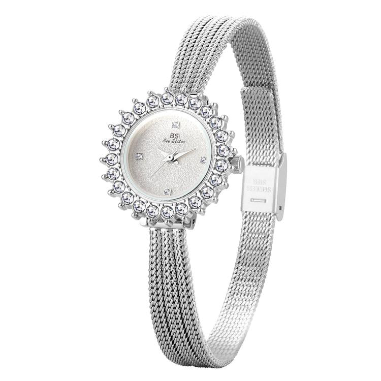 BS Bee Sister FA1833 Women Jewelry Bracelet Watch Vintage Floral Rhinestone Bezel Analog Wristwatch with Woven Mesh Band(Silver)