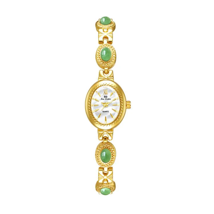 BS Bee Sister FA1859 Women Oval Bracelet Watch Vintage Analog Quartz Jewelry Dress Wristwatch(Jade Gold White)