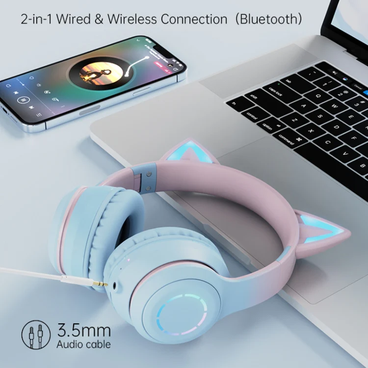 BT029C RGB Dual Modes Cat Ear Wireless Bluetooth Headphone(Blue) - Image 3