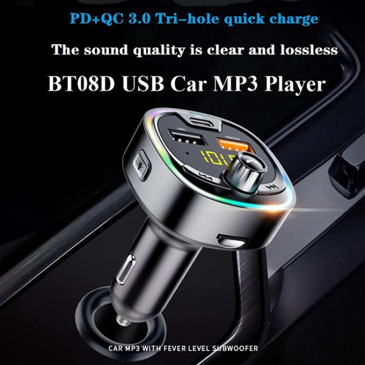BT08D FM Transmitter Hands-free Car Kit MP3 Audio Player with QC3.0 + PD18W 5A Auto Fast Charger FM Modulator - Image 3