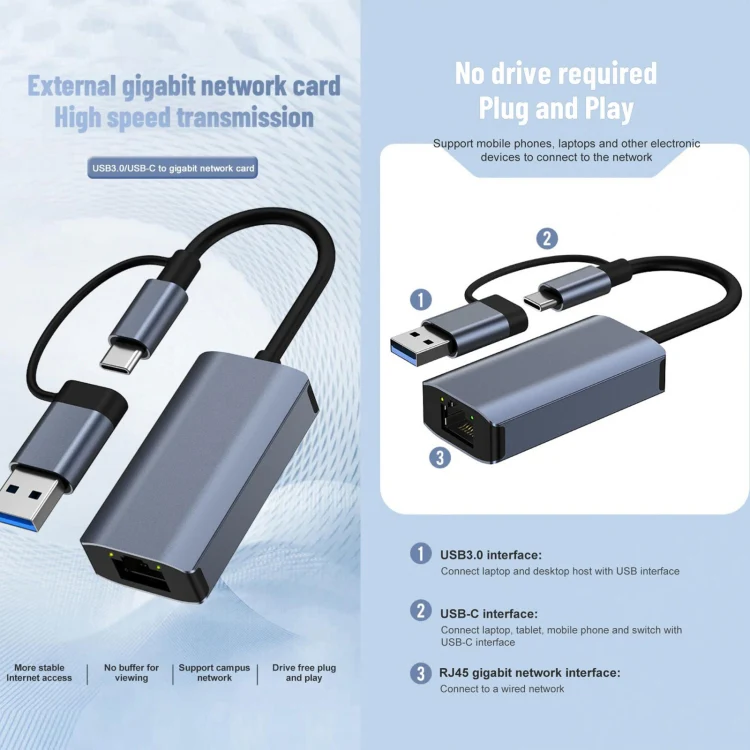 BYL-2207TU 2 in 1 USB + Type-C to RJ45 Docking Station HUB Adapter - Image 6