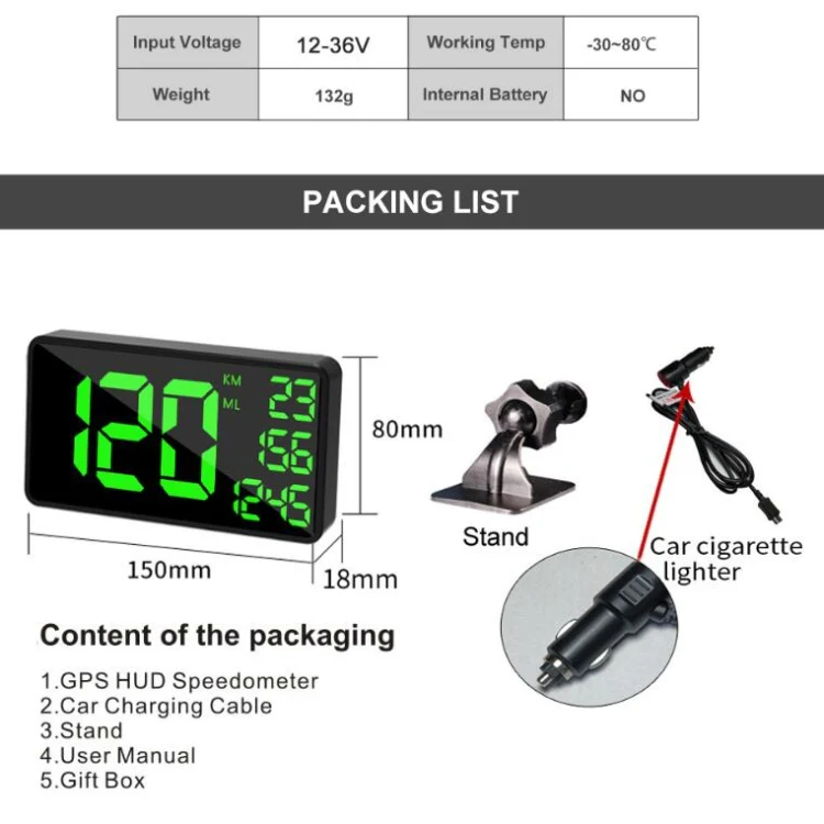 C1090 6.2 inch HUD Car Head-up Display GPS Car Universal Mileage Speed Meter Speeding Alarm / GPS Satellite Speed Measurement(Black) - Image 9