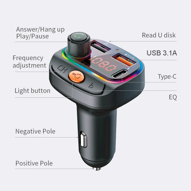 C15 Multifunctional Car Dual 3.1A+Type-C USB Charger Bluetooth FM Transmitter with Atmosphere Light - Image 2