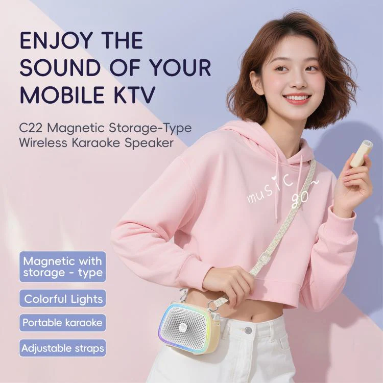 C22 Portable Karaoke Wireless Speaker with Microphone and Shoulder Strap(Beige) - Image 2