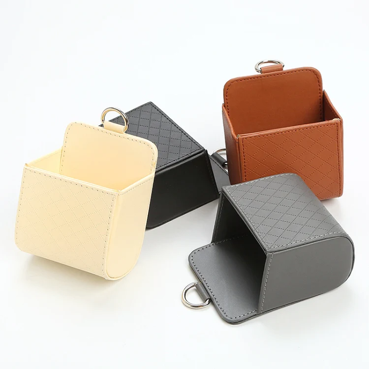 Car Air Outlet Leather Multifunctional Mobile Phone Card Hanging Storage Box, Color: Beige - Image 2