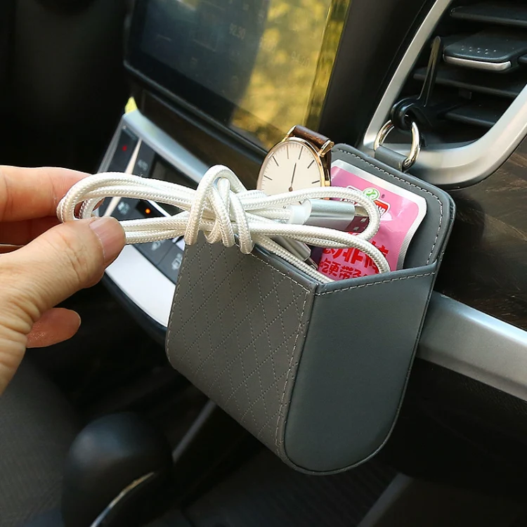 Car Air Outlet Leather Multifunctional Mobile Phone Card Hanging Storage Box, Color: Gray - Image 8