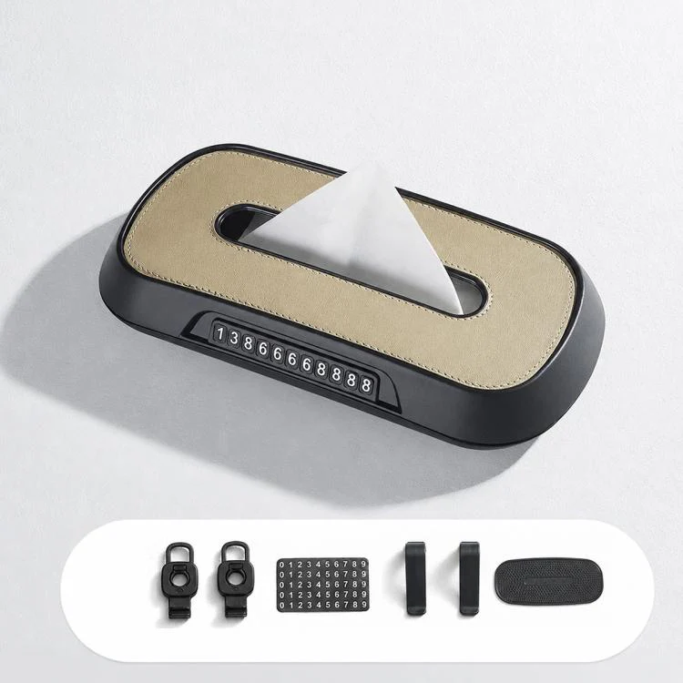 Car Tissue Box with Temporary Parking Phone Number Card, Model:Leather(Beige)