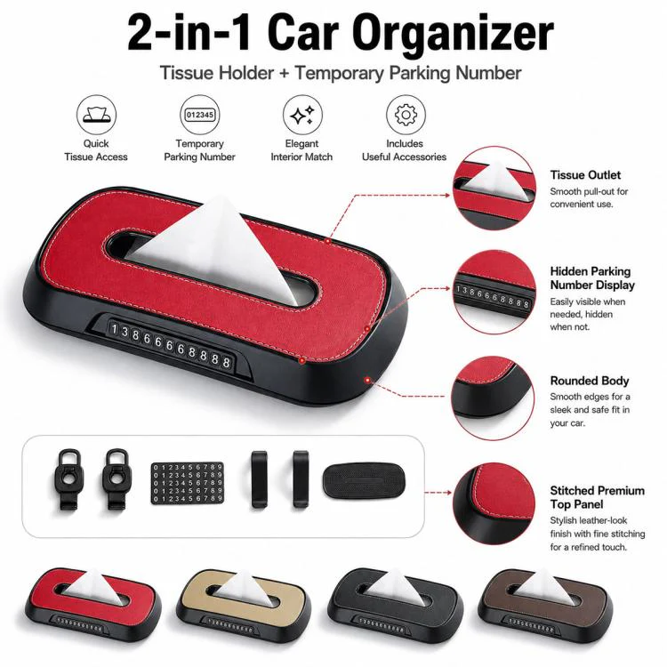 Car Tissue Box with Temporary Parking Phone Number Card, Model:Leather(Beige) - Image 4