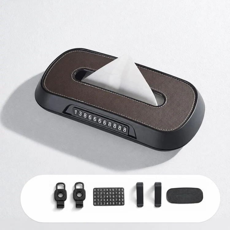 Car Tissue Box with Temporary Parking Phone Number Card, Model:Leather(Brown)