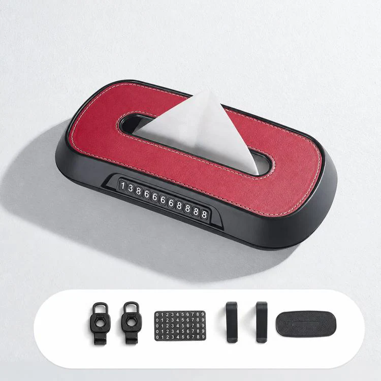 Car Tissue Box with Temporary Parking Phone Number Card, Model:Leather(Red)