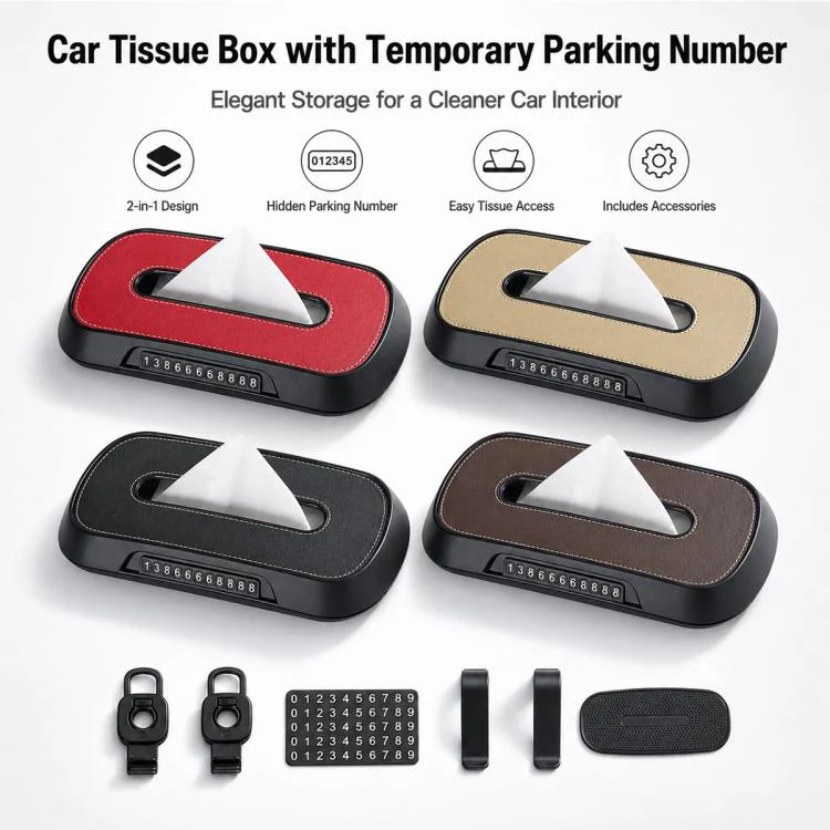Car Tissue Box with Temporary Parking Phone Number Card, Model:Leather(Red) - Image 2
