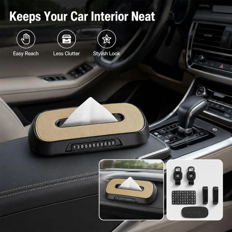 Car Tissue Box with Temporary Parking Phone Number Card, Model:Leather(Red) - Image 9
