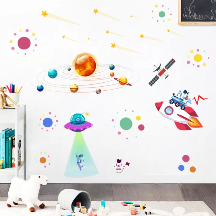 Cartoon Solar System UFO Astronaut Wall Sticker - Image 5