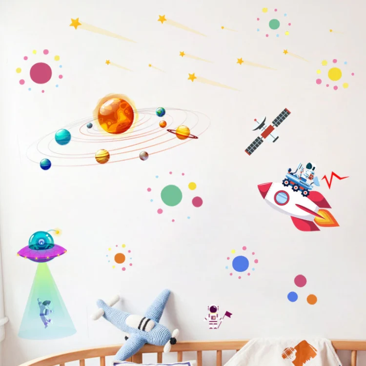 Cartoon Solar System UFO Astronaut Wall Sticker - Image 7