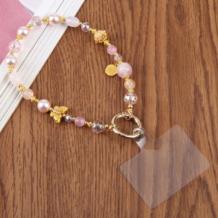 Cat Eye Butterfly Short Bead Chain Phone Charm Wrist Strap with Tether Pad for Women Girls(Pink)