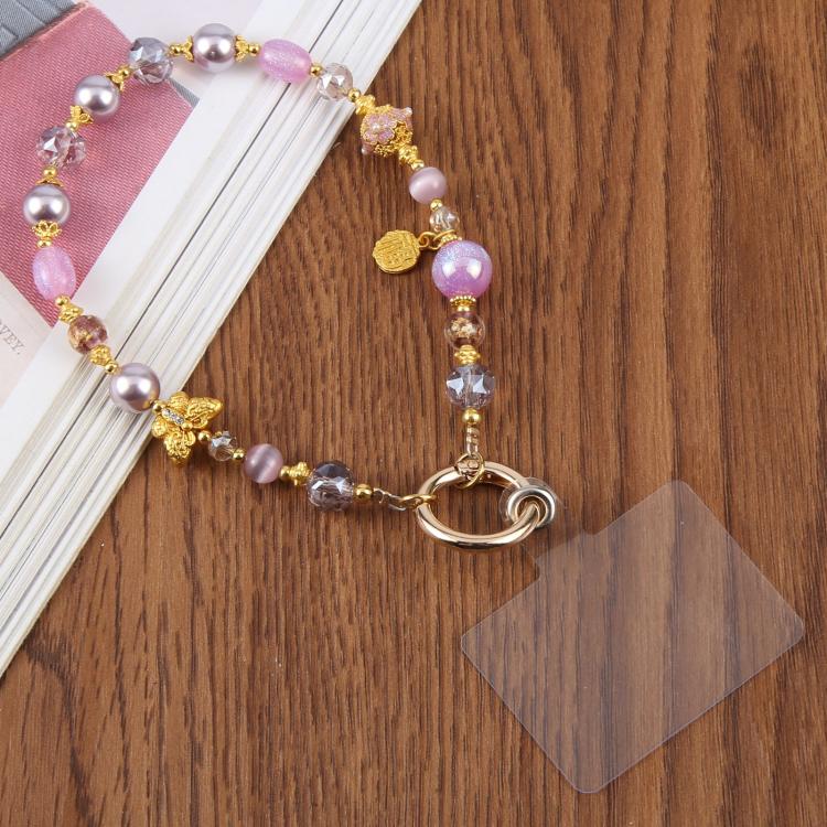 Cat Eye Butterfly Short Bead Chain Phone Charm Wrist Strap with Tether Pad for Women Girls(Purple)