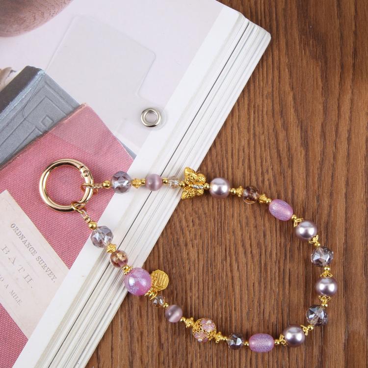 Cat Eye Butterfly Short Bead Chain Phone Charm Wrist Strap with Tether Pad for Women Girls(Purple) - Image 3