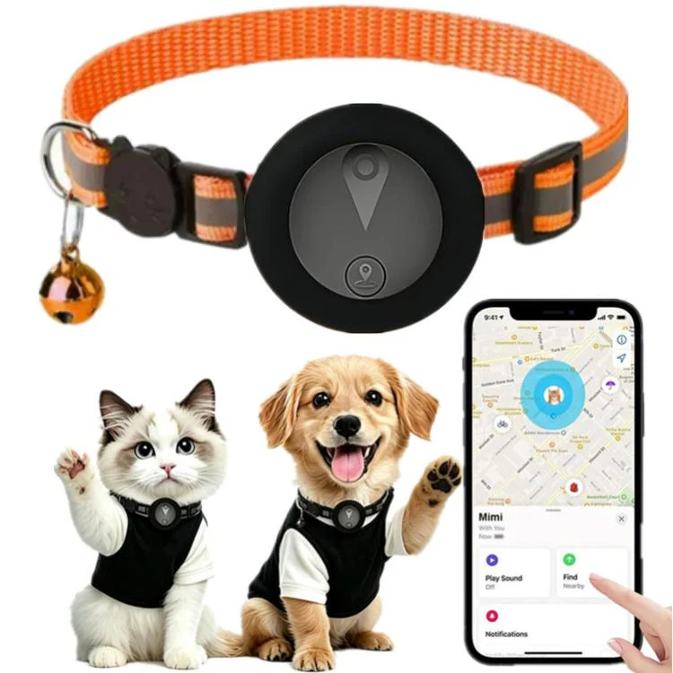 Cat Tracker Collar Compatible With Apple Find My Reflective Pet GPS Finder With Breakaway Safety Buckle & Bell(Orange)