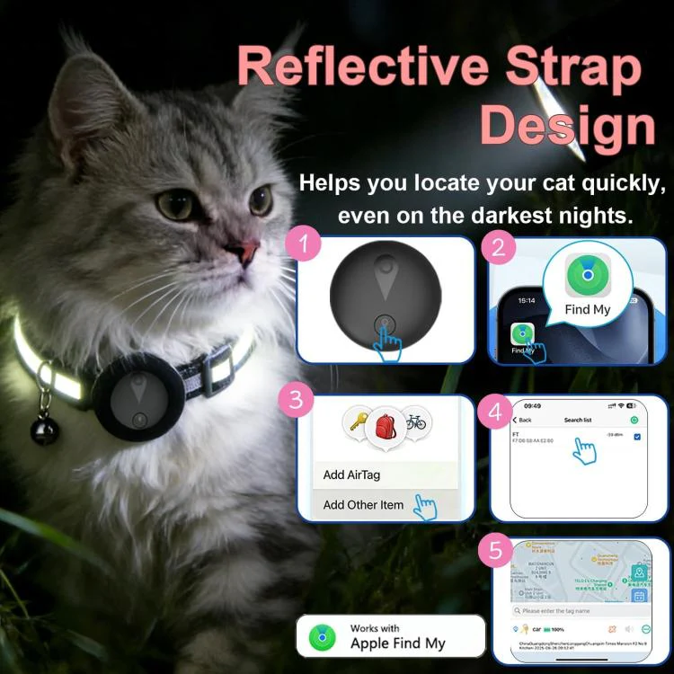 Cat Tracker Collar Compatible With Apple Find My Reflective Pet GPS Finder With Breakaway Safety Buckle & Bell(Purple) - Image 5
