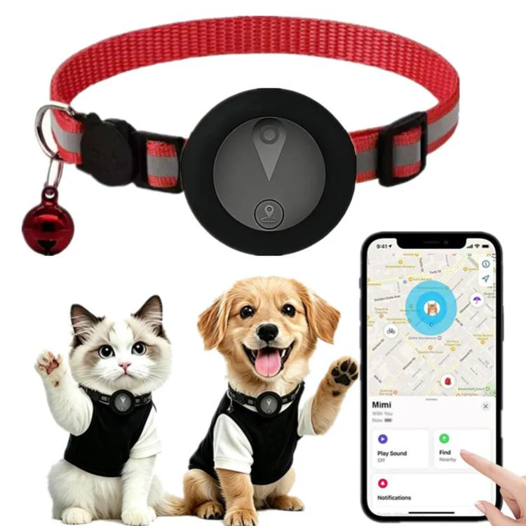 Cat Tracker Collar Compatible With Apple Find My Reflective Pet GPS Finder With Breakaway Safety Buckle & Bell(Red)