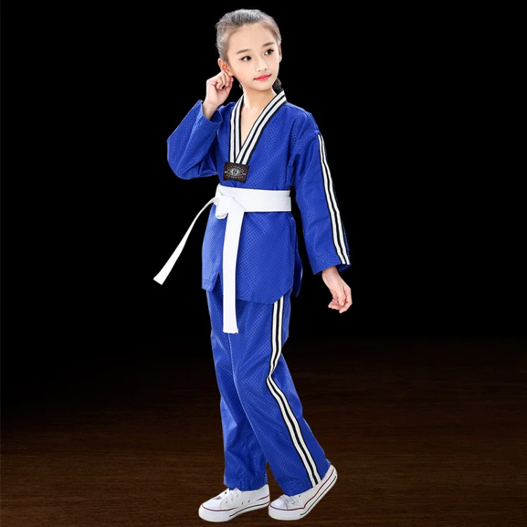 Child Adult Cotton Men And Women Taekwondo Clothing Training Uniforms, Size: 140(Plus Bar Blue)