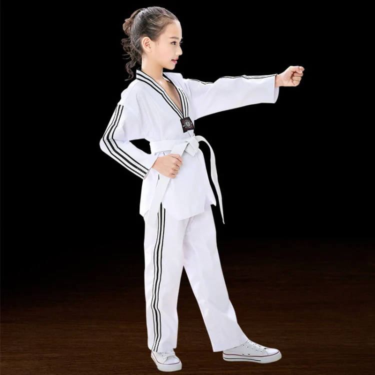 Child Adult Cotton Men And Women Taekwondo Clothing Training Uniforms, Size: 150(Plus Bar White)