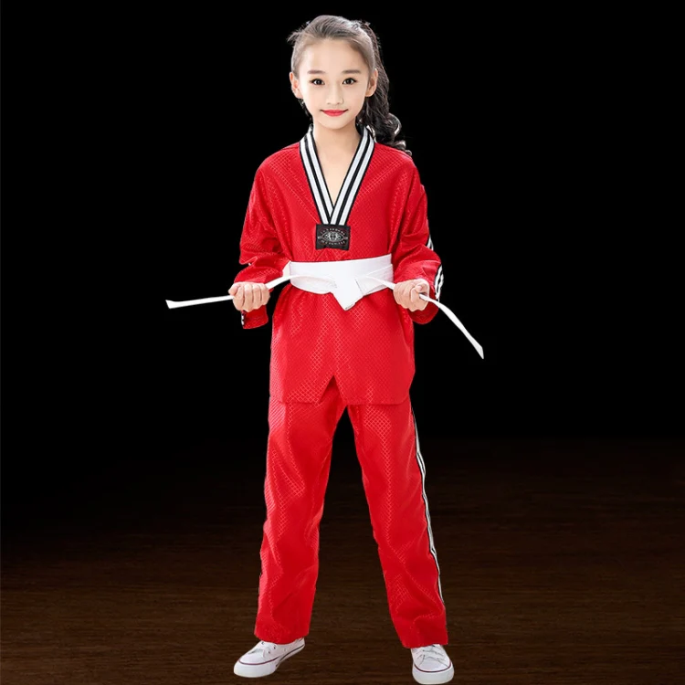Child Adult Cotton Men And Women Taekwondo Clothing Training Uniforms, Size: 160(Plus Bar Red)