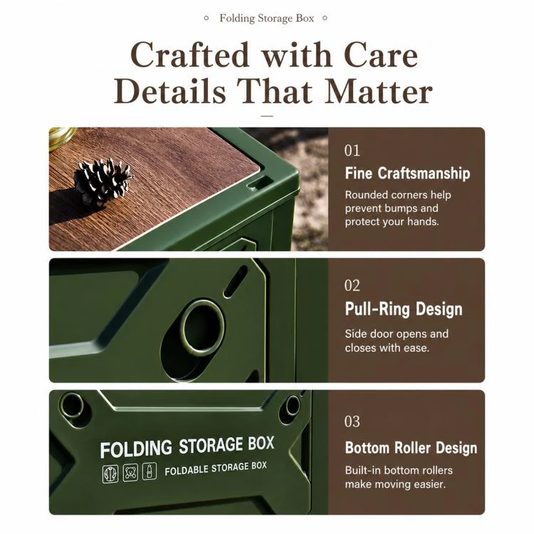 Collapsible Storage Bin with MDF Wooden Lid 5-Door Open Plastic Folding Storage Box Crate for Camping & Car Trunk 41 x 29 x 24.5cm(Army Green) - Image 10
