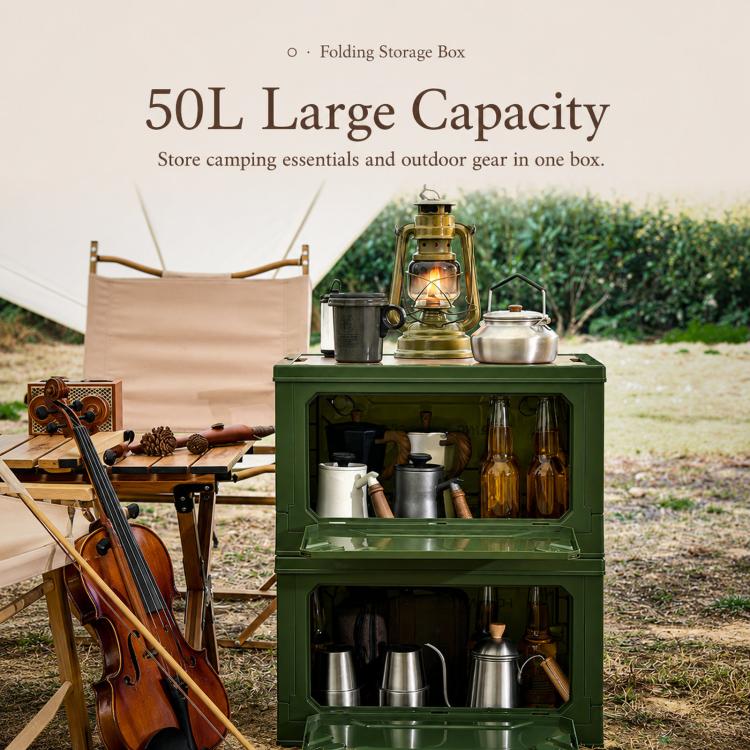 Collapsible Storage Bin with MDF Wooden Lid 5-Door Open Plastic Folding Storage Box Crate for Camping & Car Trunk 41 x 29 x 24.5cm(Army Green) - Image 4