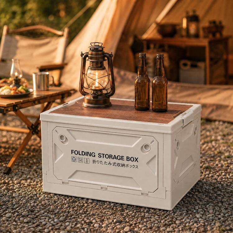 Collapsible Storage Bin with MDF Wooden Lid 5-Door Open Plastic Folding Storage Box Crate for Camping & Car Trunk 41 x 29 x 24.5cm(Grey White)