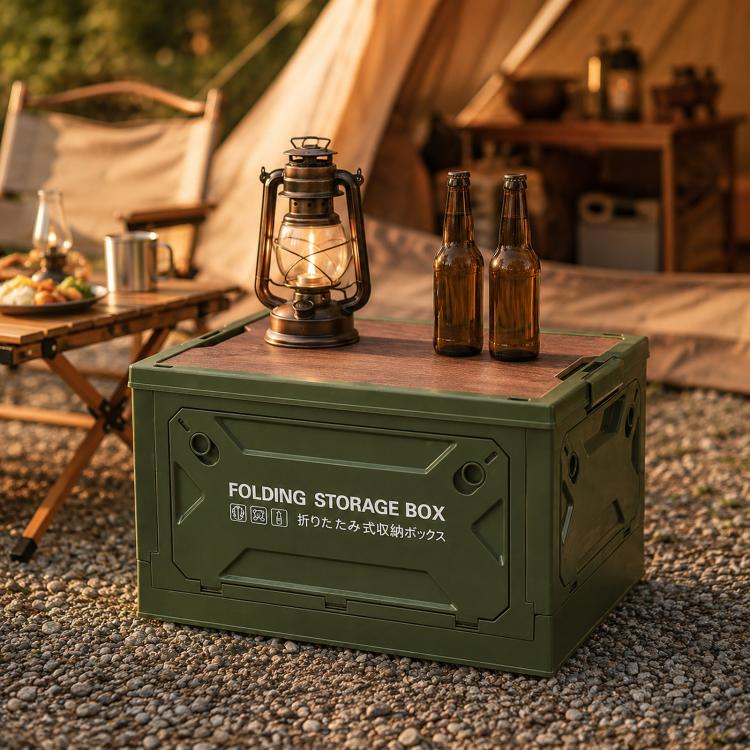 Collapsible Storage Bin with MDF Wooden Lid 5-Door Open Plastic Folding Storage Box Crate for Camping & Car Trunk 49 x 35 x 29cm(Army Green)