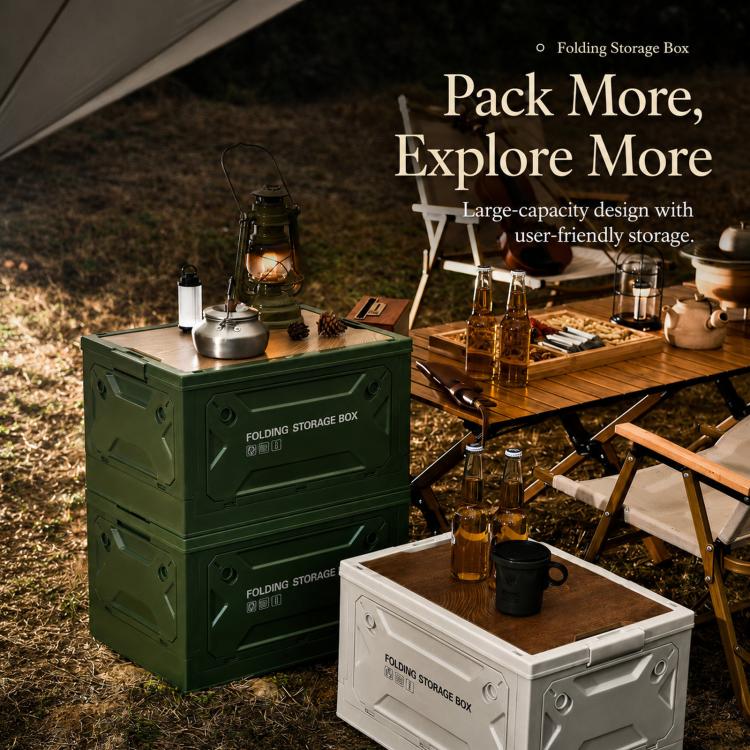 Collapsible Storage Bin with MDF Wooden Lid 5-Door Open Plastic Folding Storage Box Crate for Camping & Car Trunk 49 x 35 x 29cm(Army Green) - Image 3