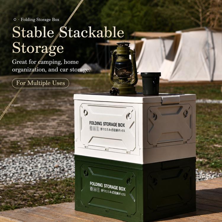 Collapsible Storage Bin with MDF Wooden Lid 5-Door Open Plastic Folding Storage Box Crate for Camping & Car Trunk 49 x 35 x 29cm(Army Green) - Image 8